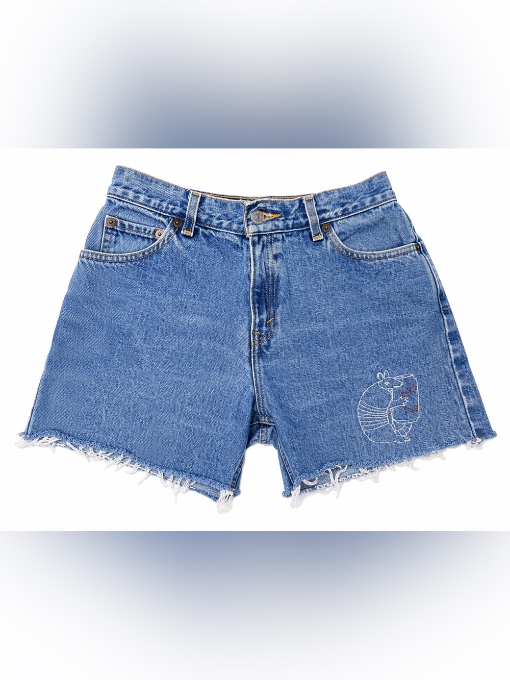 Vintage Levis 550 Y2K Embroidered Texas Armadillo Raw Hem Denim Cutoff Shorts M